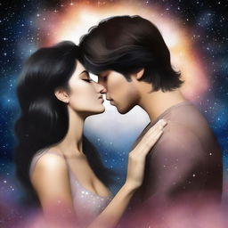 Create a romance book cover featuring two faces kissing