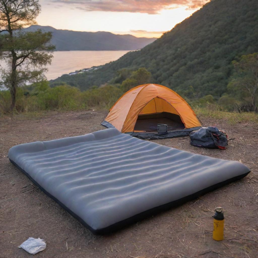 Position the four-part foldable grey and black foam sleeping pad in a vibrant El Salvadorian camping scene at sunset, adorned with essential camping gear.