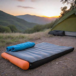 Position the four-part foldable grey and black foam sleeping pad in a vibrant El Salvadorian camping scene at sunset, adorned with essential camping gear.