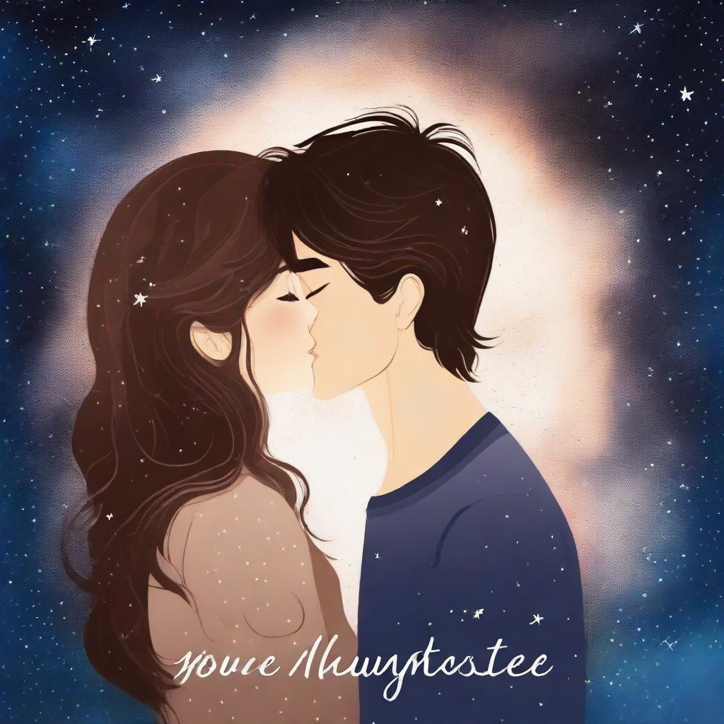 Generate a romance book cover featuring two faces kissing