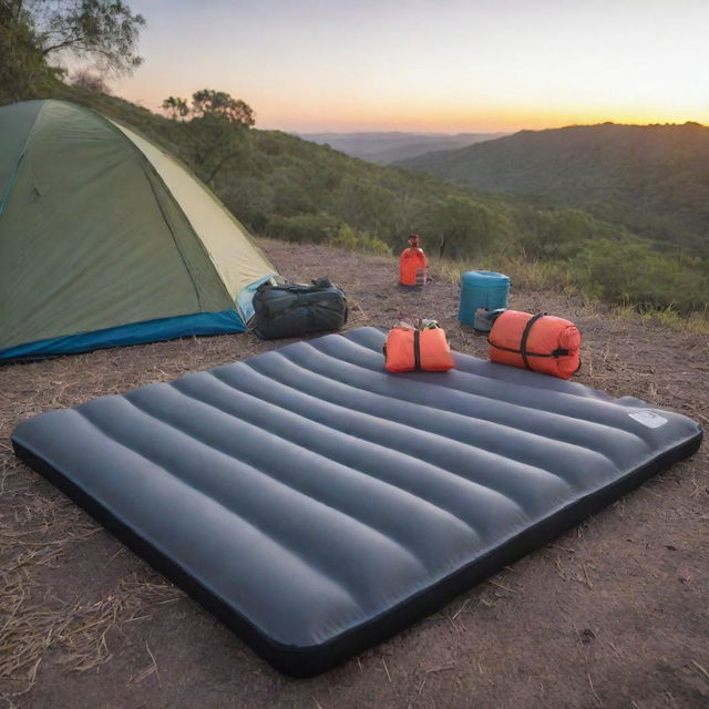 Position the four-part foldable grey and black foam sleeping pad in a vibrant El Salvadorian camping scene at sunset, adorned with essential camping gear.