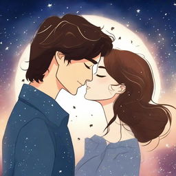 A 2D animated book cover for a romance novel featuring two faces kissing