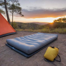 Position the four-part foldable grey and black foam sleeping pad in a vibrant El Salvadorian camping scene at sunset, adorned with essential camping gear.