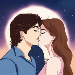 A 2D animated book cover for a romance novel featuring two faces kissing