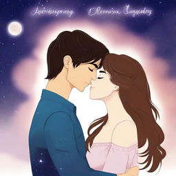 A 2D animated book cover for a romance novel featuring two faces kissing