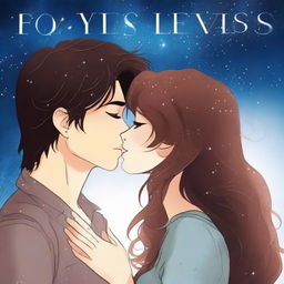 A 2D animated book cover for a romance novel featuring two faces kissing