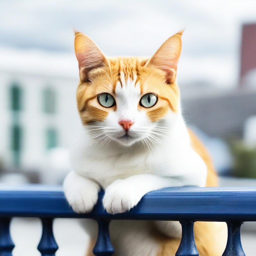 A cat standing on a railing in the background