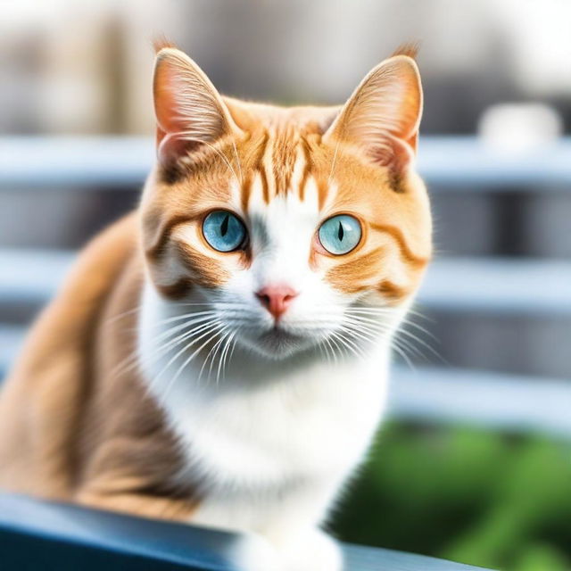 A cat standing on a railing in the background