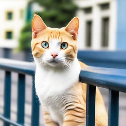 A cat standing on a railing in the background