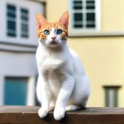 A cat standing on a railing in the background