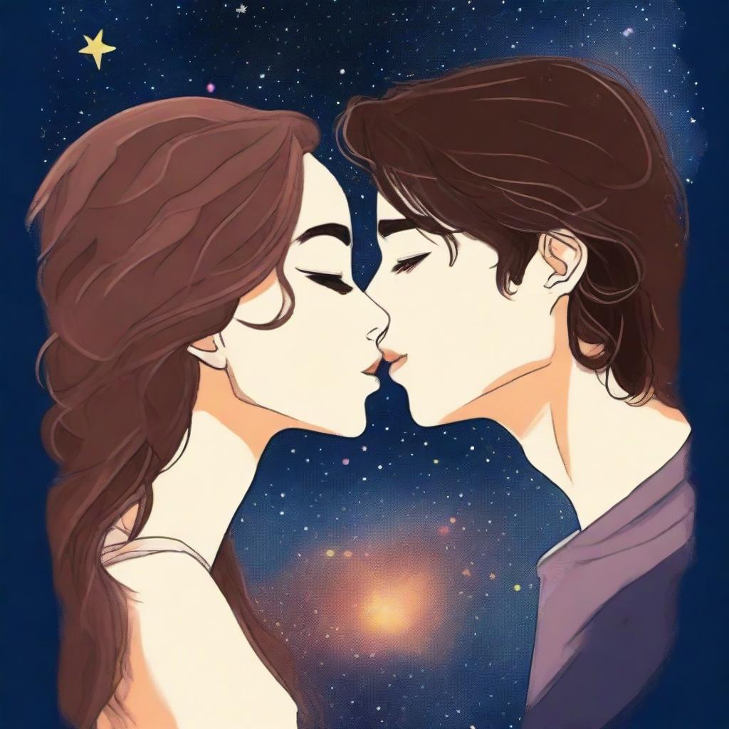 Create a romance book cover featuring two faces kissing