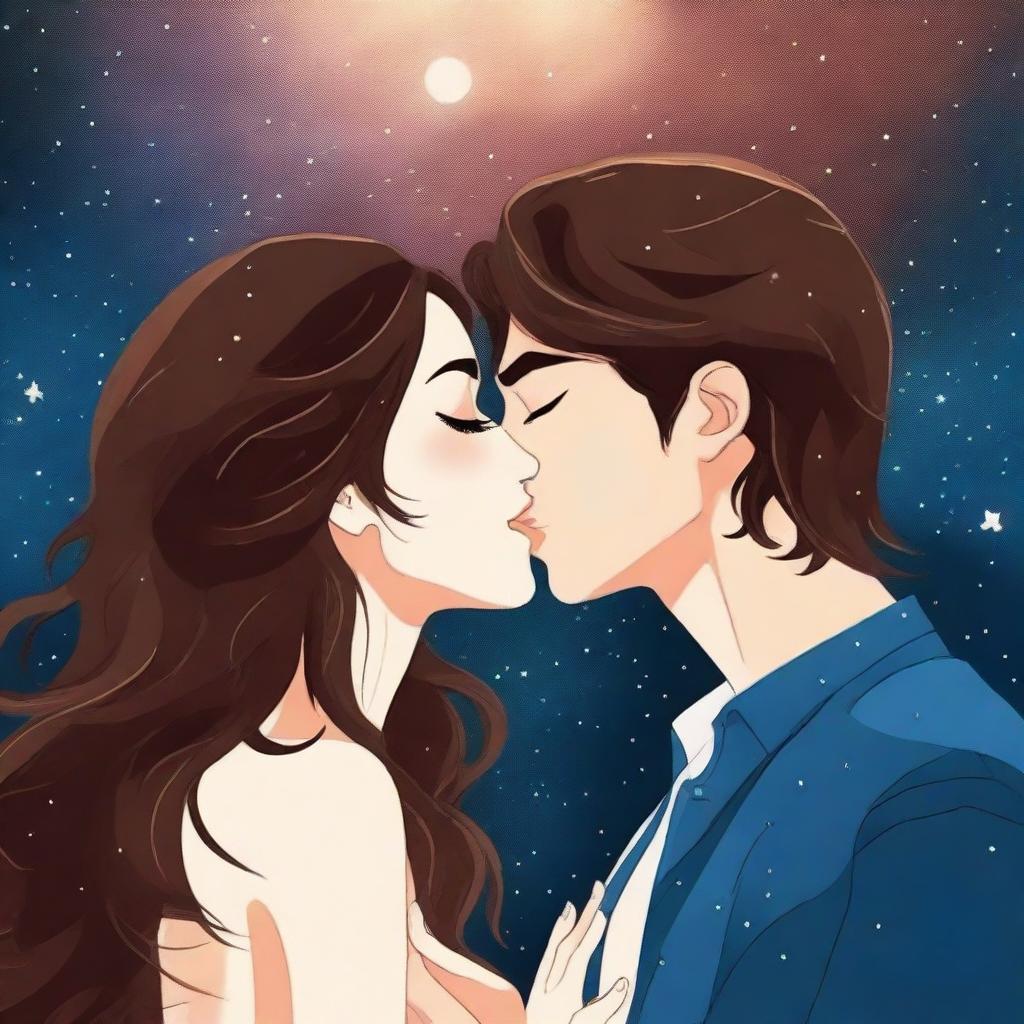 Create a romance book cover featuring two faces kissing