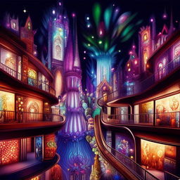 A fantastical magic mall filled with luminous, spiraling escalators, shops selling mystical artifacts, dazzling light displays, enchanted creatures wandering around, and an enchanted fountain in the center.