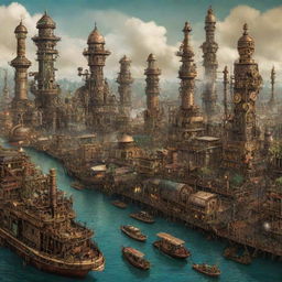 A vibrant representation of Nigeria in a steampunk style, showcasing Lagos cityscape boosted with cogs and gears, the rainforest habitat dominated by mechanical wildlife, and the Niger Delta bustling with steamboats.