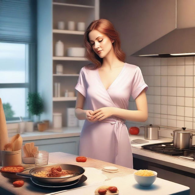 A woman in a sexy nightgown cooking in the kitchen