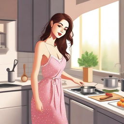 A woman in a sexy nightgown cooking in the kitchen