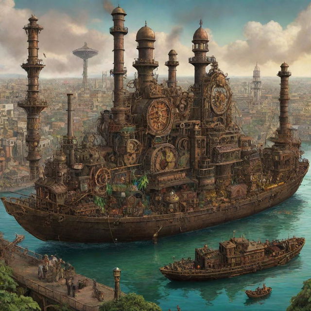 A vibrant representation of Nigeria in a steampunk style, showcasing Lagos cityscape boosted with cogs and gears, the rainforest habitat dominated by mechanical wildlife, and the Niger Delta bustling with steamboats.