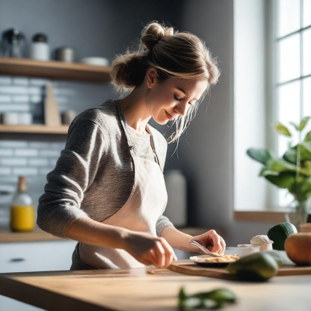 A beautiful and attractive woman with fair skin is cooking