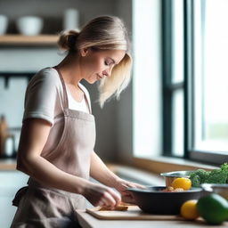 A beautiful and attractive woman with fair skin is cooking