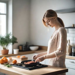 A beautiful and attractive woman with fair skin is cooking