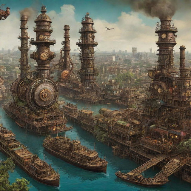 A vibrant representation of Nigeria in a steampunk style, showcasing Lagos cityscape boosted with cogs and gears, the rainforest habitat dominated by mechanical wildlife, and the Niger Delta bustling with steamboats.