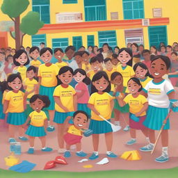 A vibrant and engaging cover for Brigada Eskwela, featuring students, teachers, and volunteers working together to clean and beautify a school