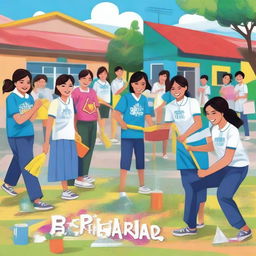 A vibrant and engaging cover for Brigada Eskwela, featuring students, teachers, and volunteers working together to clean and beautify a school