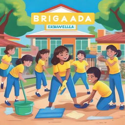 A vibrant and engaging cover for Brigada Eskwela, featuring students, teachers, and volunteers working together to clean and beautify a school