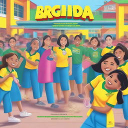 A vibrant and engaging cover for Brigada Eskwela, featuring students, teachers, and volunteers working together to clean and beautify a school