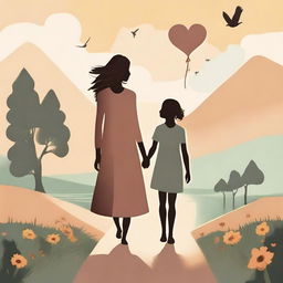 A heartwarming depiction of a woman and a girl on a journey through various stages of life, showcasing their bond and experiences together