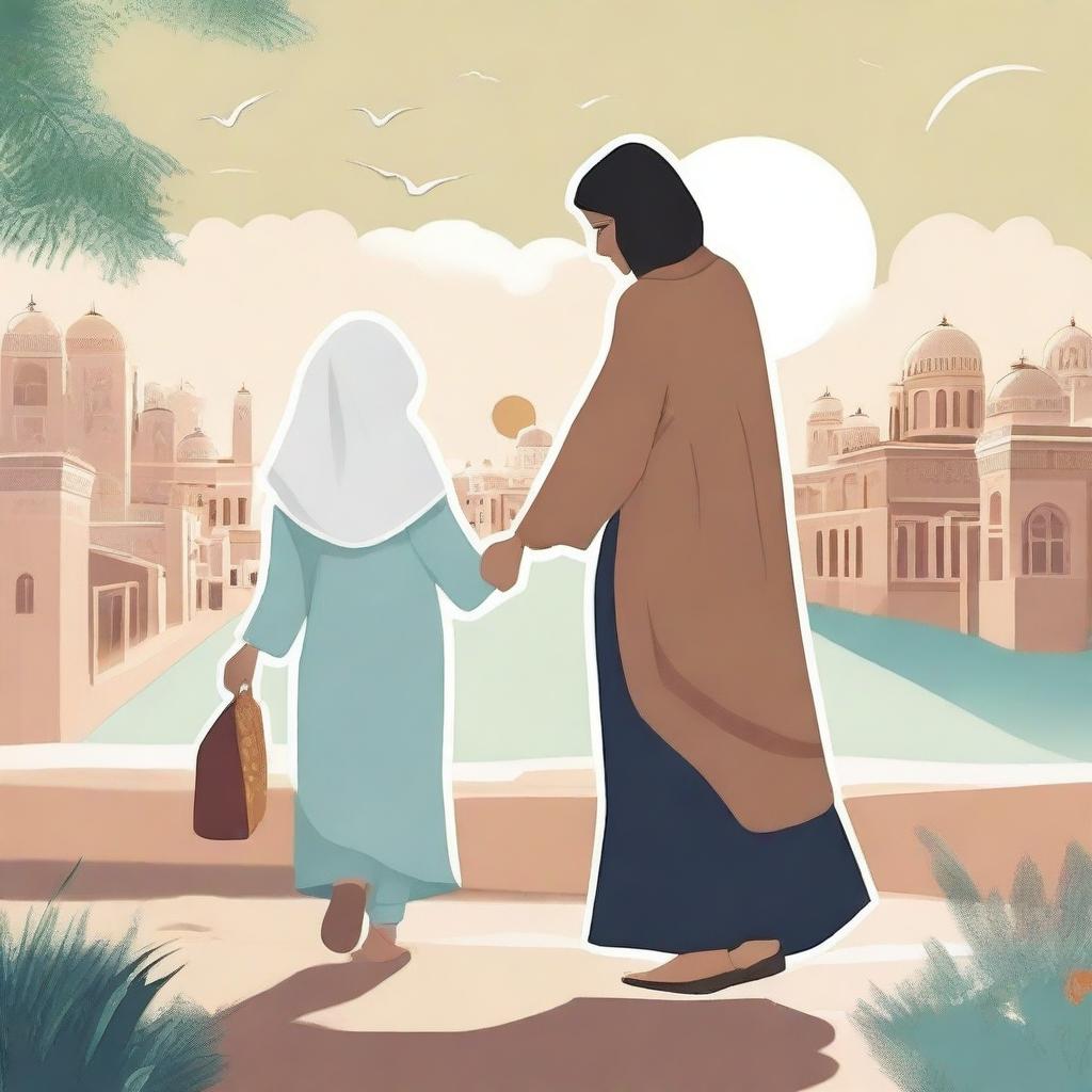 A touching illustration of a Muslim woman and a girl on a journey to discover the meaning of life