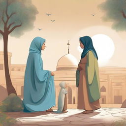 A touching illustration of a Muslim woman and a girl on a journey to discover the meaning of life