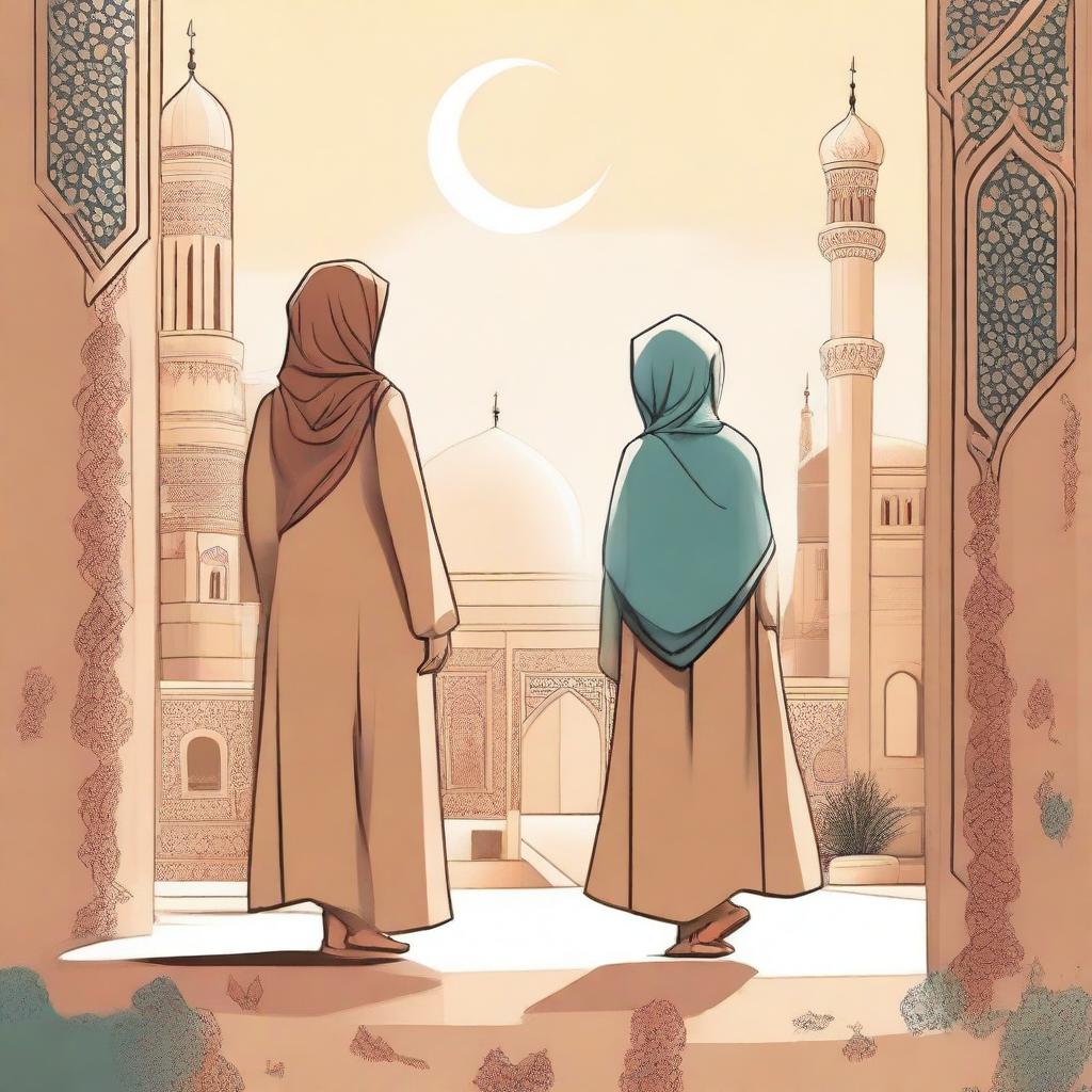 A touching illustration of a Muslim woman and a girl on a journey to discover the meaning of life