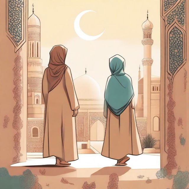 A touching illustration of a Muslim woman and a girl on a journey to discover the meaning of life