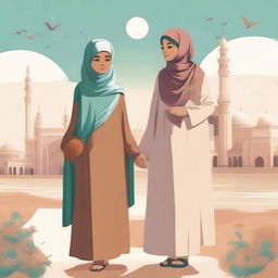 A touching illustration of a Muslim woman and a girl on a journey to discover the meaning of life