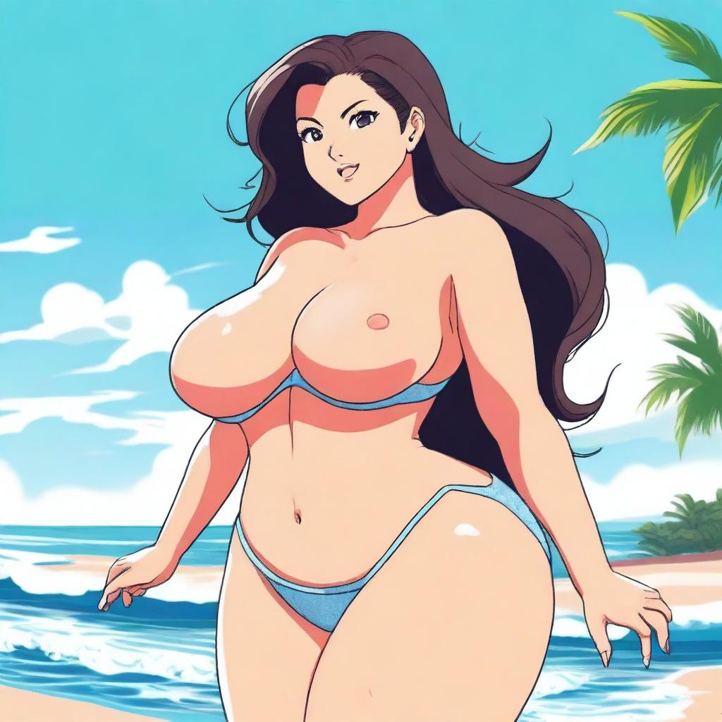An anime-style illustration of a curvy Latina woman with large breasts and a big ass, wearing a bikini and sporting a tsundere expression on her face