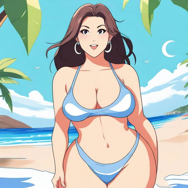 An anime-style illustration of a curvy Latina woman with large breasts and a big ass, wearing a bikini and sporting a tsundere expression on her face