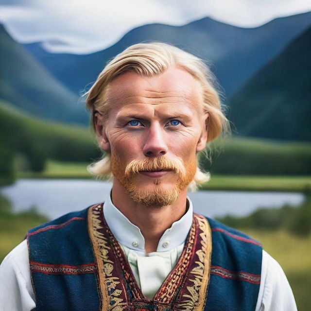 A portrait of a Swedish man, featuring traditional Swedish clothing and set against a picturesque Scandinavian backdrop with mountains and forests