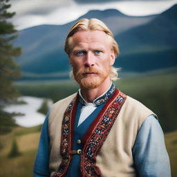 A portrait of a Swedish man, featuring traditional Swedish clothing and set against a picturesque Scandinavian backdrop with mountains and forests