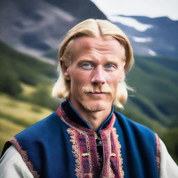 A portrait of a Swedish man, featuring traditional Swedish clothing and set against a picturesque Scandinavian backdrop with mountains and forests