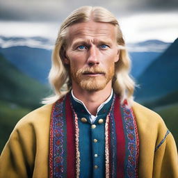 A portrait of a Swedish man, featuring traditional Swedish clothing and set against a picturesque Scandinavian backdrop with mountains and forests