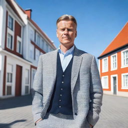 A Danish man standing in a picturesque setting, wearing traditional Danish clothing, with a calm and serene expression