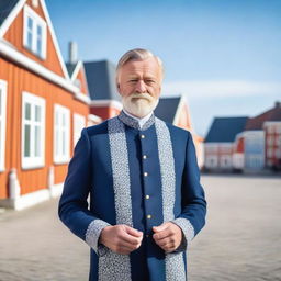 A Danish man standing in a picturesque setting, wearing traditional Danish clothing, with a calm and serene expression