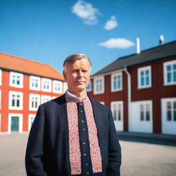 A Danish man standing in a picturesque setting, wearing traditional Danish clothing, with a calm and serene expression