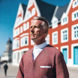 A Danish man standing in a picturesque setting, wearing traditional Danish clothing, with a calm and serene expression