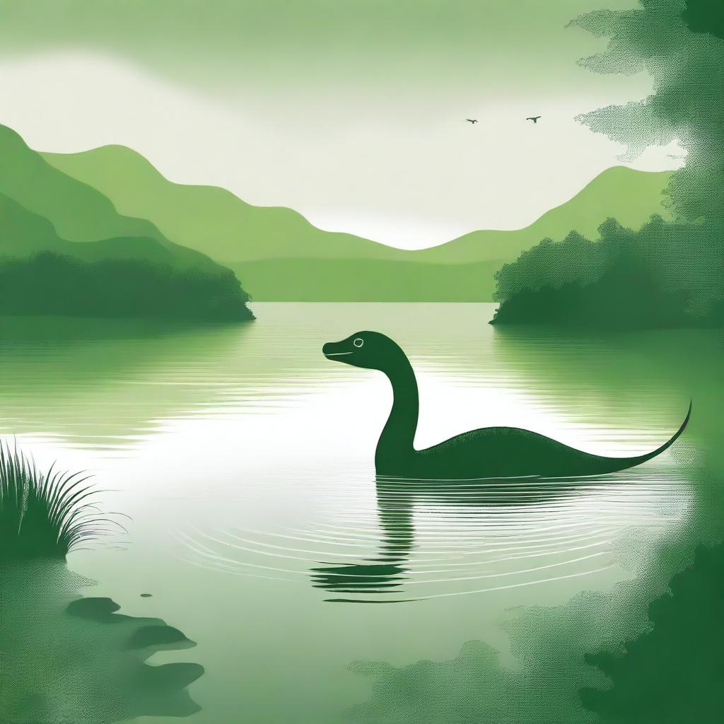 A detailed illustration of the Loch Ness Monster swimming in a serene, misty Scottish lake surrounded by lush green hills