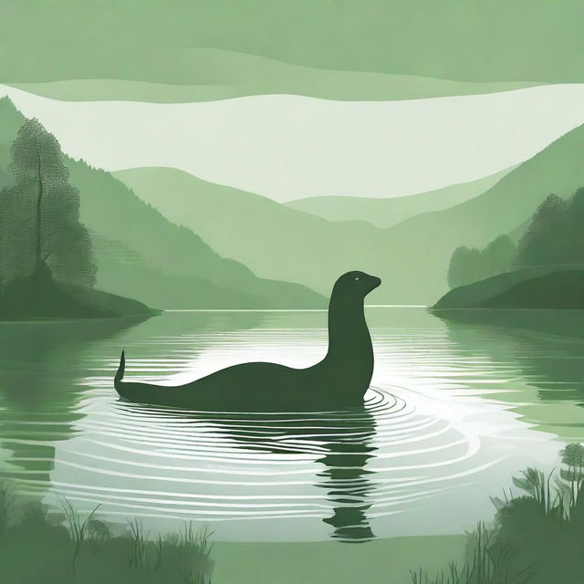 A detailed illustration of the Loch Ness Monster swimming in a serene, misty Scottish lake surrounded by lush green hills