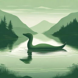 A detailed illustration of the Loch Ness Monster swimming in a serene, misty Scottish lake surrounded by lush green hills