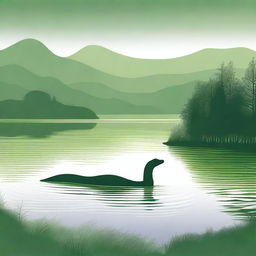 A detailed illustration of the Loch Ness Monster swimming in a serene, misty Scottish lake surrounded by lush green hills