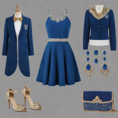 Outfits for a Ravenclaw-themed dance, with blue, silver, and gold accents